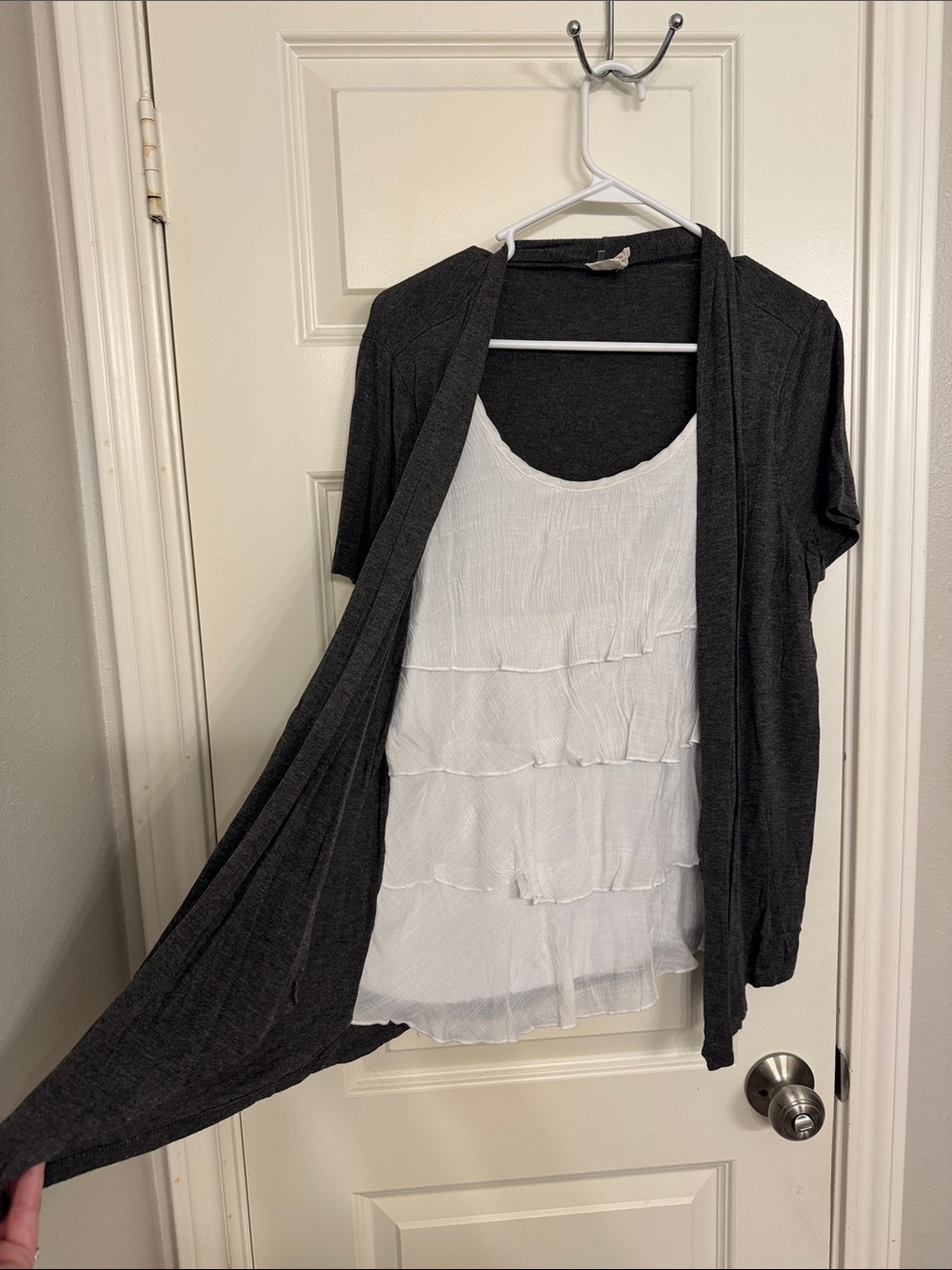 NAIF White Tiered Tank with Charcoal Short Cardigan